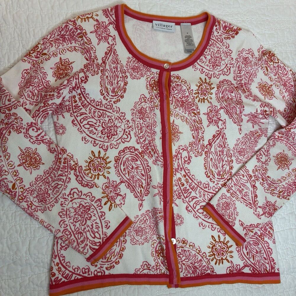 Paisley Print Button Up Cardigan Round Neck Long Sleeve Grandmacore Size Med